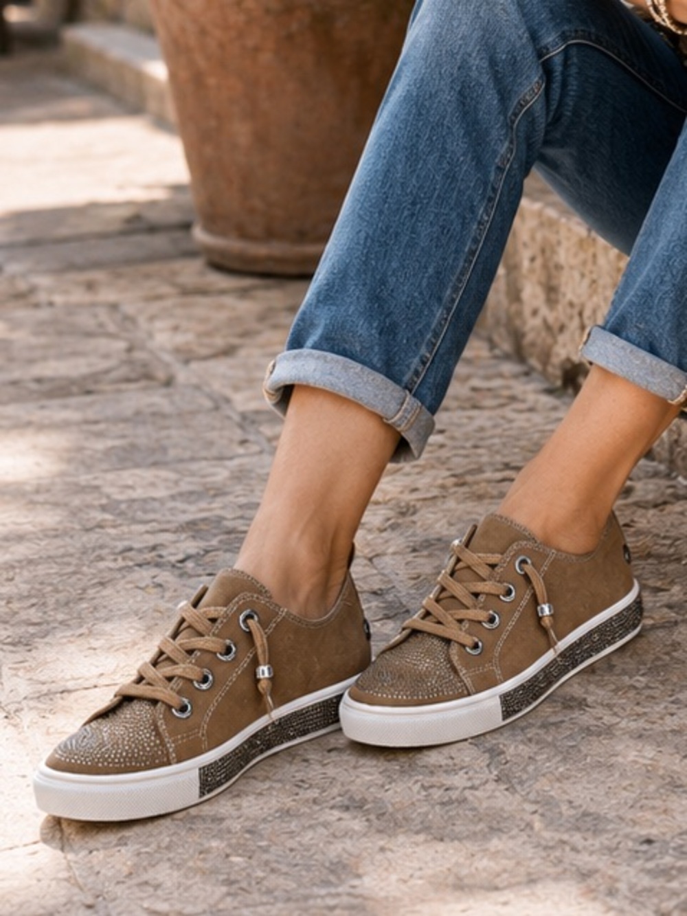 Bernie Mev TW Jodie Rhinestone Lace-Up Sneakers Taupe Vegan NWT EU41
